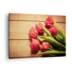 Schilderen op canvas - Een boeket roze tulpen op een houten achtergrond - 70x50cm - Lente bekentenis - Moderne wanddecoratie voor woonkamer en slaapkamer ARTTOR