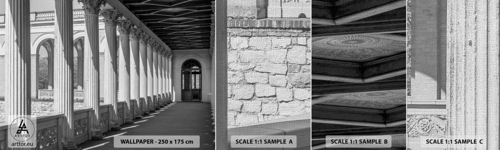 Fotobehang Monster Premium Canvas - Zonnige arcade - Kolommen, Architectuur, Klassiek - 100x30 cm