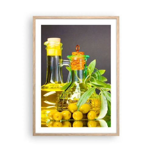 Een poster in een licht eiken lijst - Stilleven met olijven en olijfolie - 50x70 cm