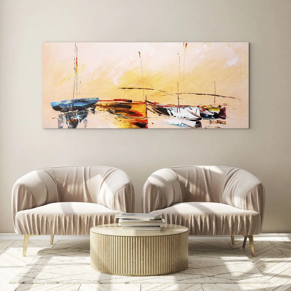 Schilderen op glas - Avond in de jachthaven - 140x50 cm