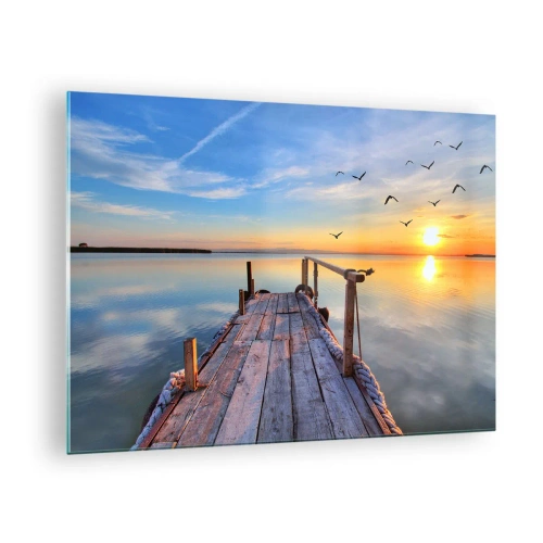 Schilderen op glas - Houten steiger op het meer bij zonsondergang - 70x50cm - Loop recht naar de zon - Moderne wanddecoratie voor woonkamer en slaapkamer ARTTOR