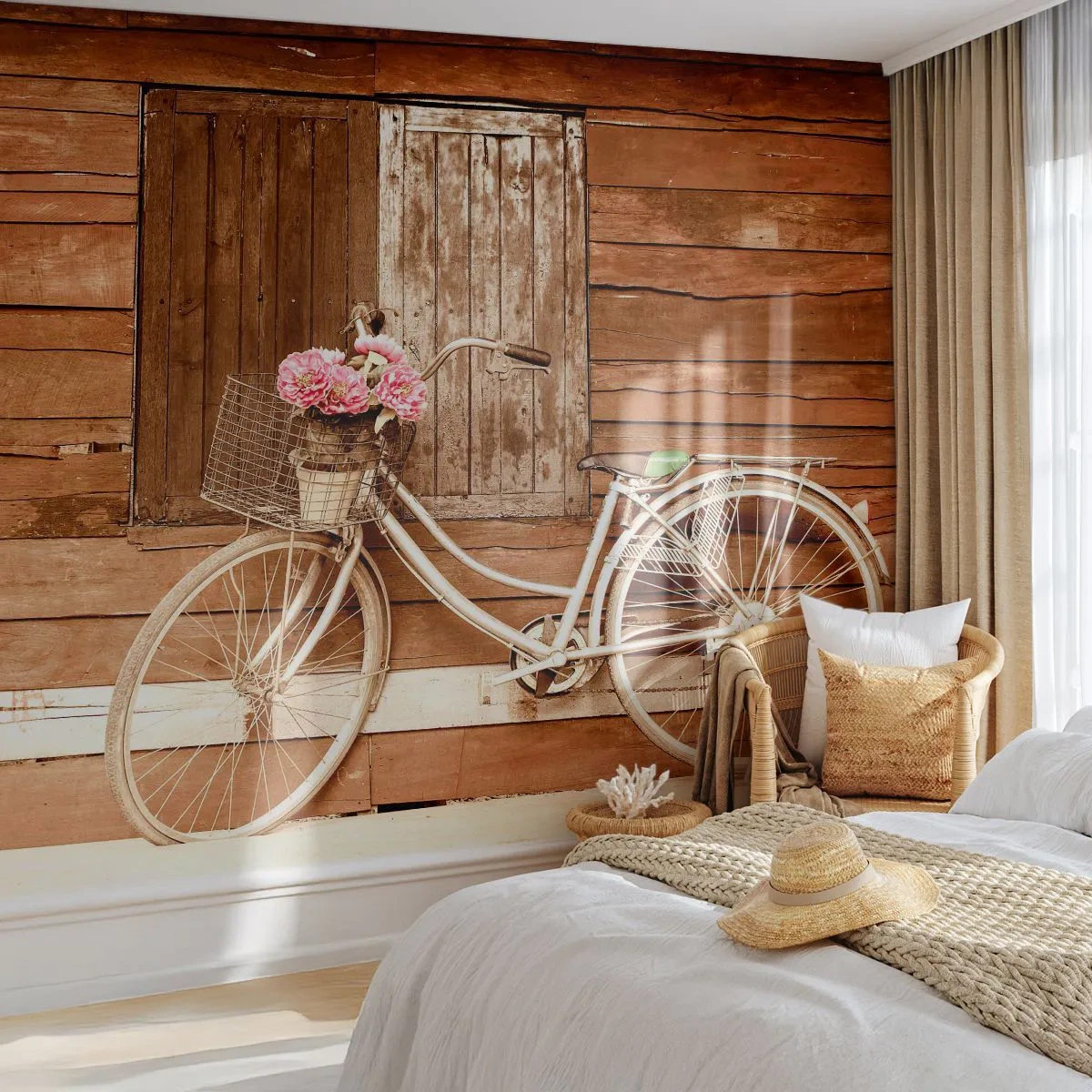 Fotobehang Premium Canvas - Ben zo terug - Fiets, Bloemen, Houten huis - 350x256 cm
