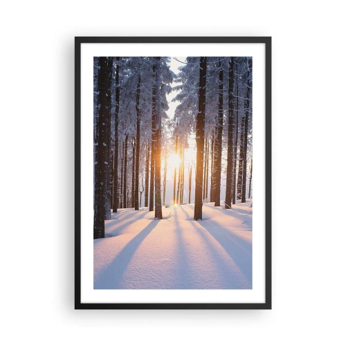 Poster in een zwarte lijst - Winterbos met zonnestralen die door de bomen schijnen - 50x70cm - Duidelijk in zwart-wit - Moderne wanddecoratie voor woonkamer en slaapkamer ARTTOR