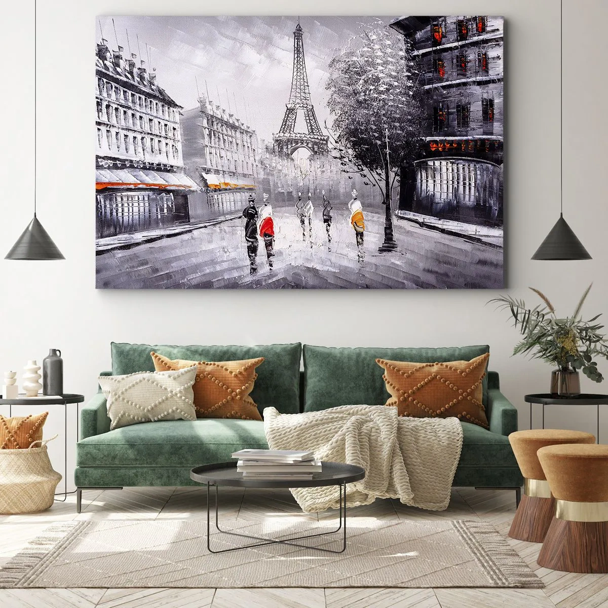 Schilderen op canvas - Een blik op de Eiffeltoren in een monochrome setting met kleuraccenten - 70x50cm - Parijs wandeling - Moderne wanddecoratie voor woonkamer en slaapkamer ARTTOR