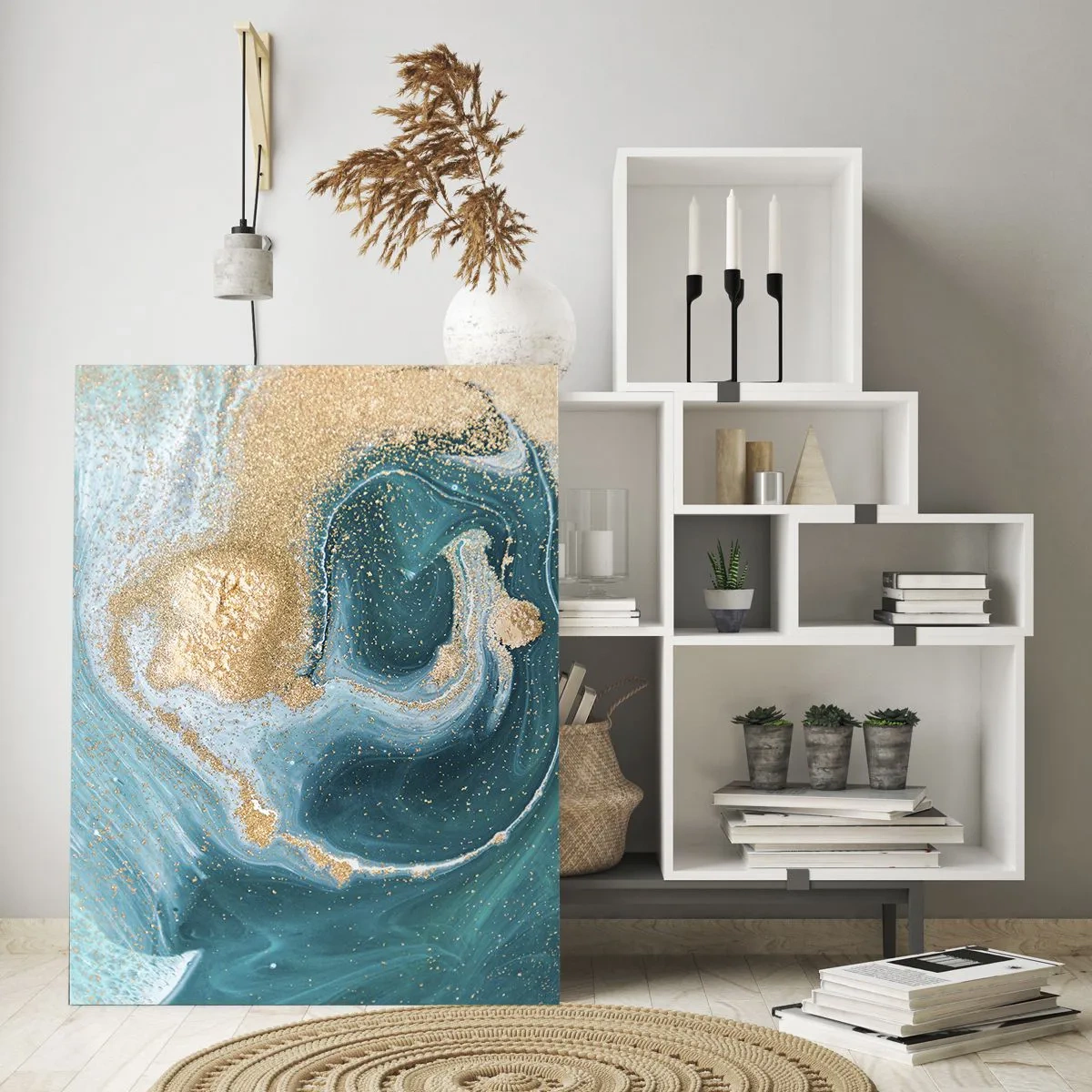Schilderen op glas - Een werveling van goud en turkoois - 70x100 cm