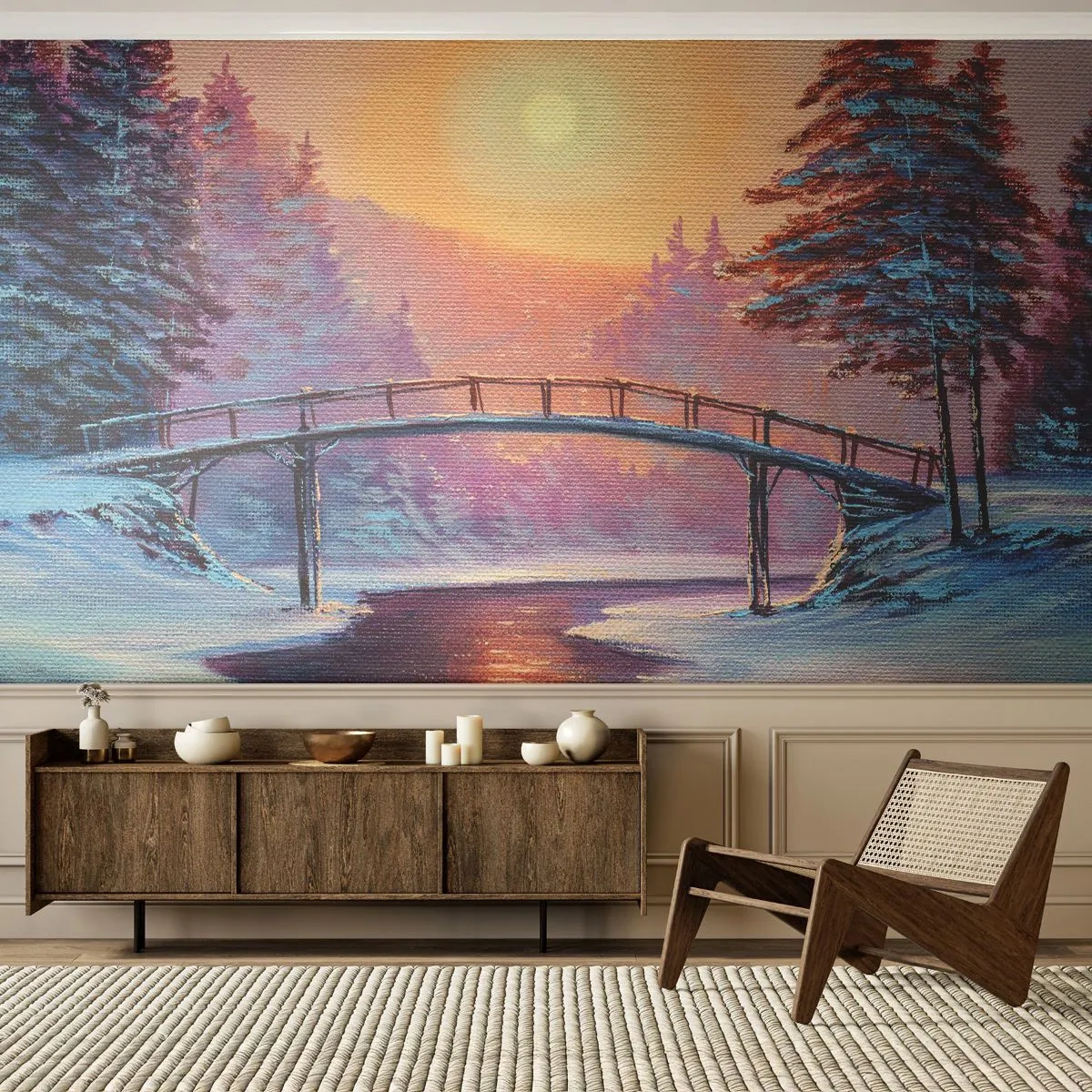 Fotobehang Standard Eco - Vier seizoenen - winter - Landschap, Rivier, Brug - 400x280 cm
