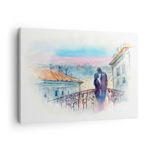 Schilderen op canvas - Romantisch stel op een balkon met uitzicht op de stad - 70x50cm - Parijs liefhebbers - Moderne wanddecoratie voor woonkamer en slaapkamer ARTTOR