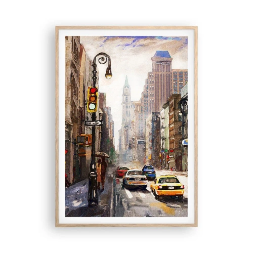 Een poster in een licht eiken lijst - New York - ook kleurrijk in de regen - 70x100 cm