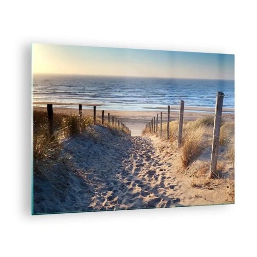 Schilderen op glas - Een pad door de duinen dat leidt naar een strand met een kalme zee - 70x50cm - Het geluid van de zee, het zingen van vogels, een wild strand tussen het gras... - Moderne wanddecoratie voor woonkamer en slaapkamer ARTTOR