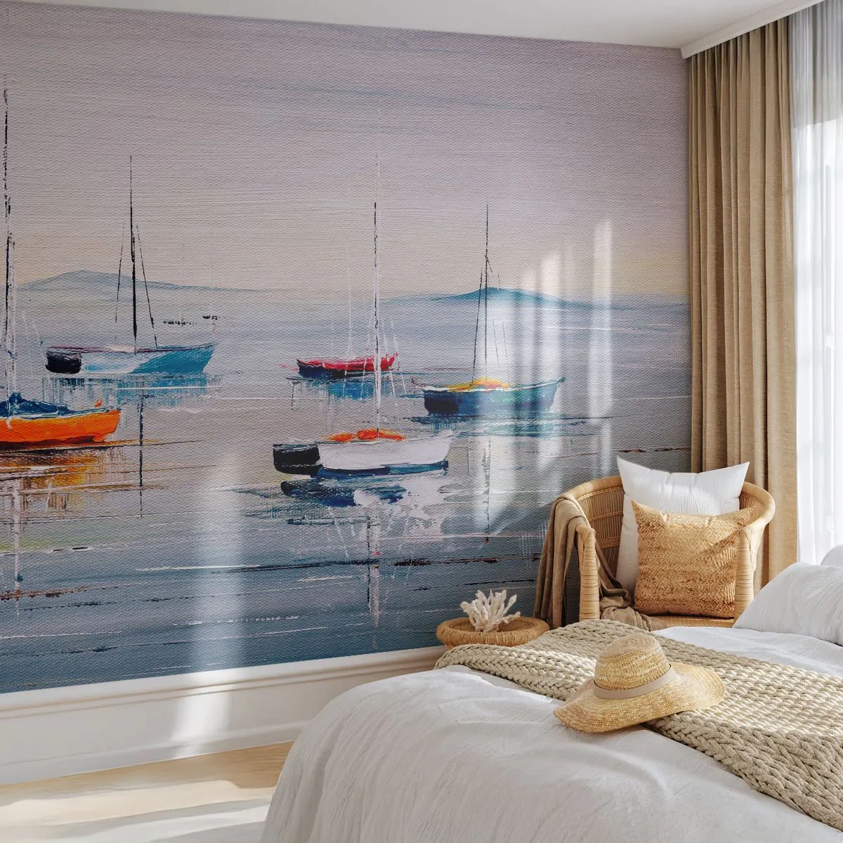Fotobehang Premium Sand - Een welverdiende rust - Nautisch, Zeilboten, Kust - 500x350 cm