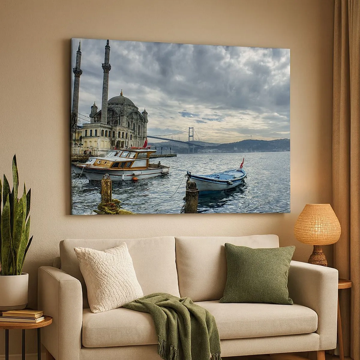 Schilderen op canvas - Een historisch gebouw aan het water met boten en een brug op de achtergrond - 70x50cm - Op de grens van de werelden - Moderne wanddecoratie voor woonkamer en slaapkamer ARTTOR