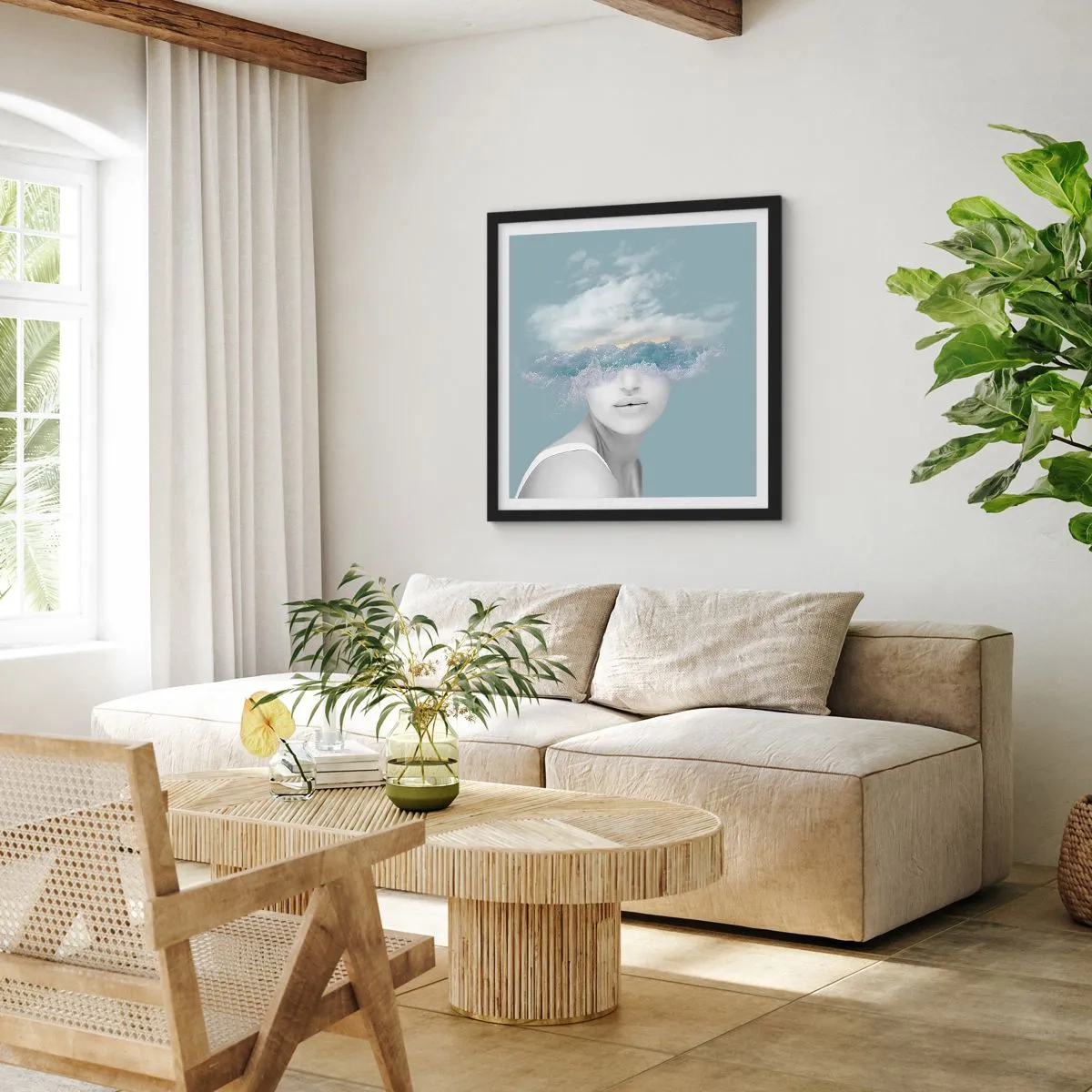 Poster in een zwarte lijst - Met hoofd in de wolken - 60x60 cm
