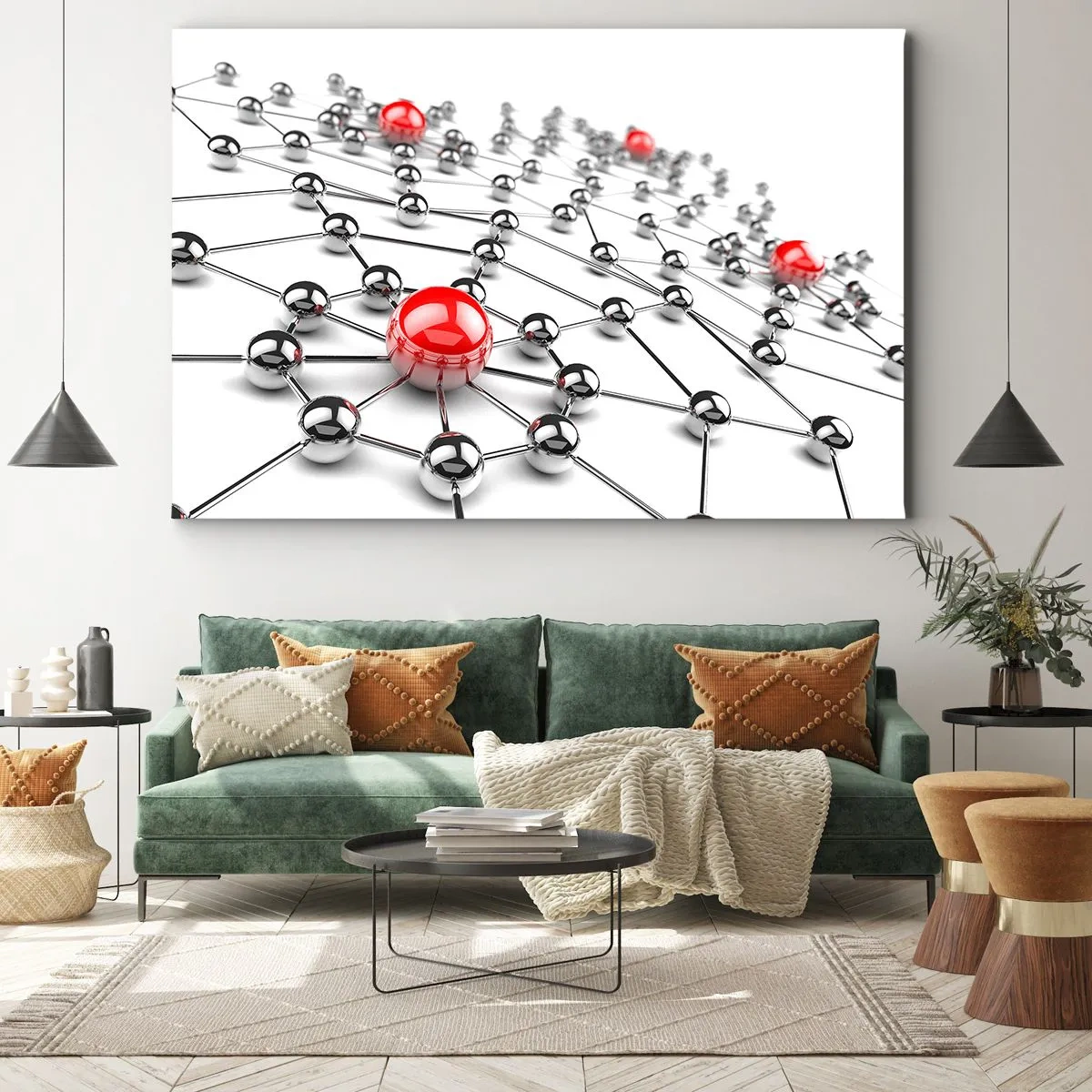 Schilderen op canvas - Een netwerk van metalen ballen met rode accenten - 70x50cm - Zilverachtig web - Moderne wanddecoratie voor woonkamer en slaapkamer ARTTOR