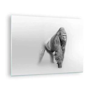 Schilderen op glas - Zwart-witportret van een majestueuze gorilla tegen een witte achtergrond - 70x50cm - Vertrouwen in zijn kracht - Moderne wanddecoratie voor woonkamer en slaapkamer ARTTOR