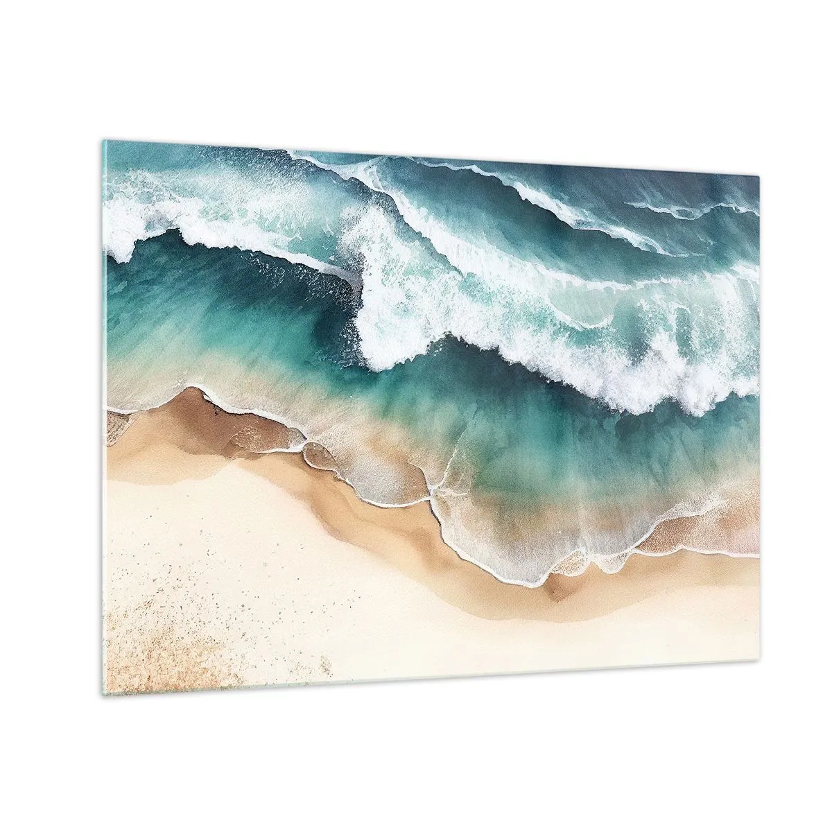 Schilderen op glas - Oceaan golven die tegen een gouden zandstrand beuken - 70x50cm - De eeuwige ontmoeting - Moderne wanddecoratie voor woonkamer en slaapkamer ARTTOR