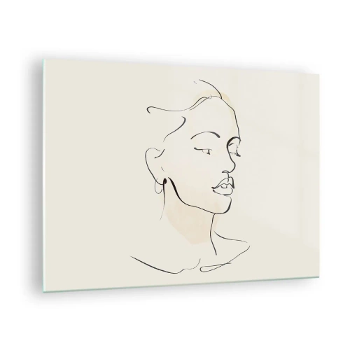 Schilderen op glas - Een lineair portret van een vrouw tegen een lichte achtergrond met subtiele schaduwen. - 70x50cm - Een bepaalde lijn - Moderne wanddecoratie voor woonkamer en slaapkamer ARTTOR