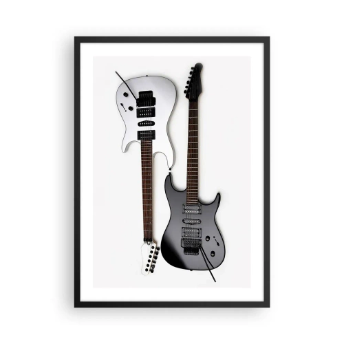 Poster in een zwarte lijst - Moderne elektrische gitaren op een witte achtergrond - 50x70cm - Harmonie van vormen - Moderne wanddecoratie voor woonkamer en slaapkamer ARTTOR