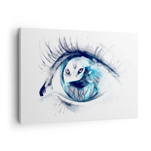 Schilderen op canvas - Een oog met een afbeelding van een uil in aquareltinten blauw - 70x50cm - Oog in oog met wildheid - Moderne wanddecoratie voor woonkamer en slaapkamer ARTTOR