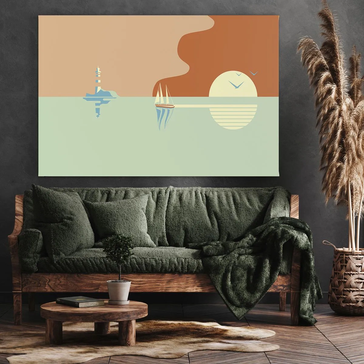 Schilderen op canvas - Een minimalistisch zeegezicht met een zeilboot en een zonsondergang - 70x50cm - Het perfecte zeelandschap - Moderne wanddecoratie voor woonkamer en slaapkamer ARTTOR