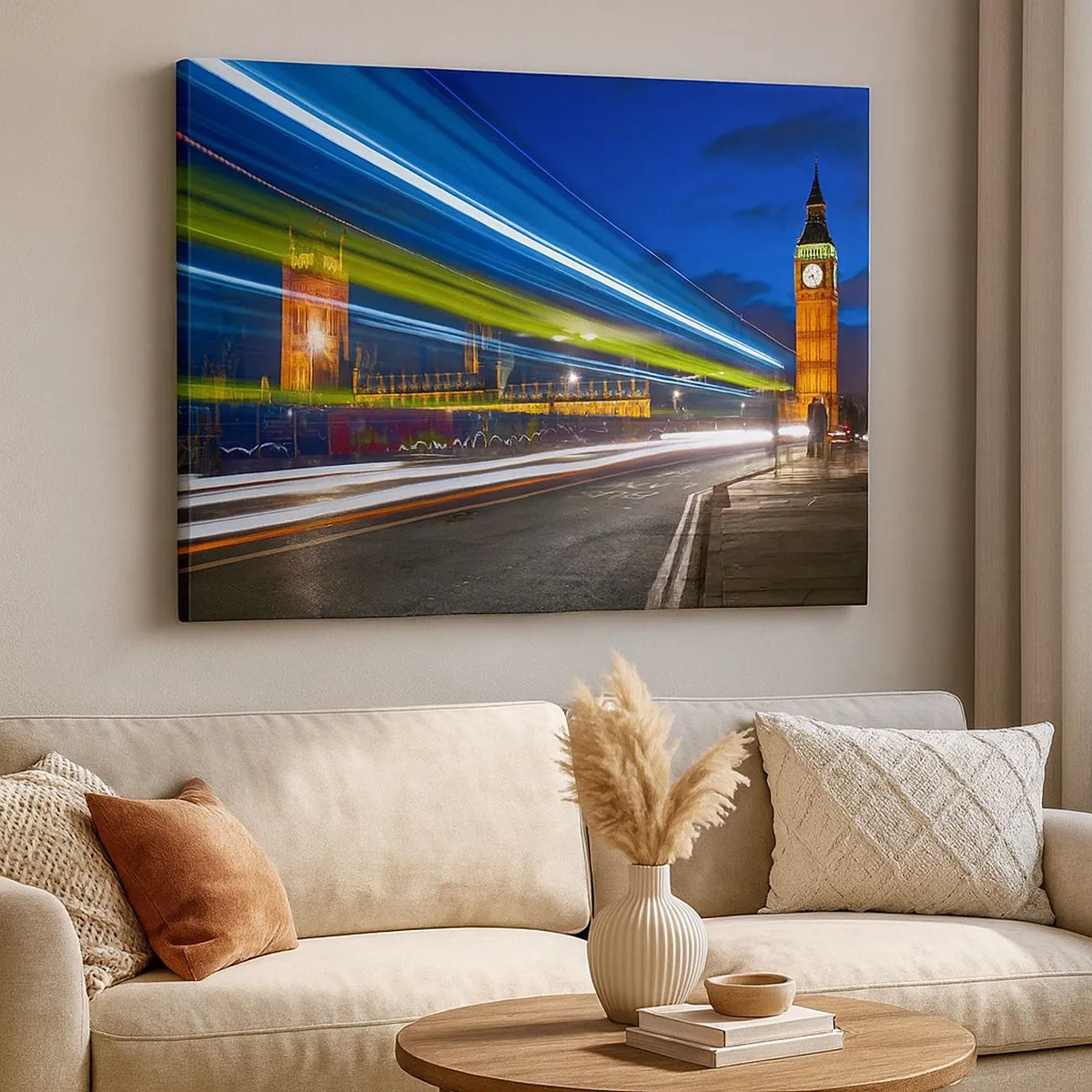 Schilderen op canvas - Big Ben 's nachts met het effect van lichten in het straatverkeer - 70x50cm - Onder toeziend oog van Big Ben - Moderne wanddecoratie voor woonkamer en slaapkamer ARTTOR
