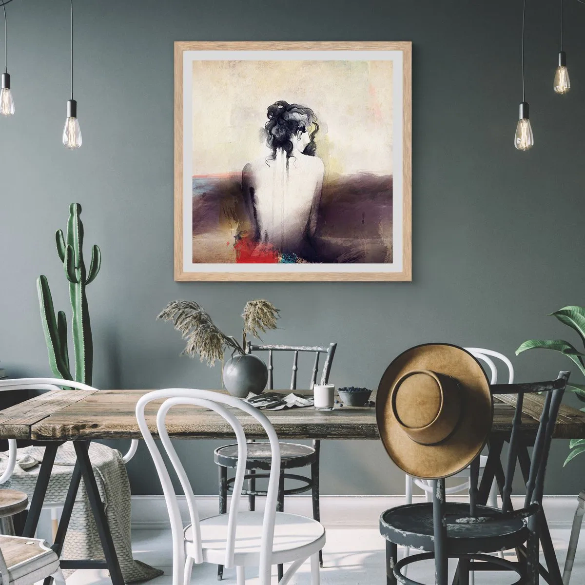 Een poster in een licht eiken lijst - Vloeiende lijnen, ovale vormen - 50x50 cm