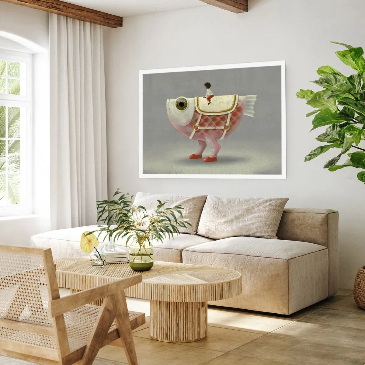 Poster - Ruiter op een surrealistische vis - 91x61 cm