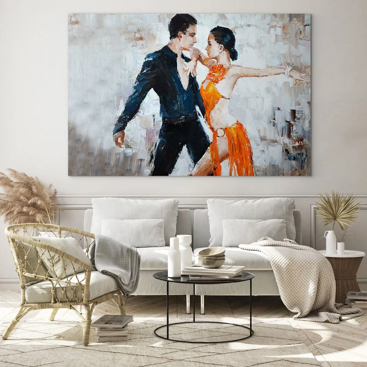 Schilderen op glas - Een paar danst in een dynamische pose tegen een impressionistische achtergrond - 70x50cm - Dirty dancing - Moderne wanddecoratie voor woonkamer en slaapkamer ARTTOR