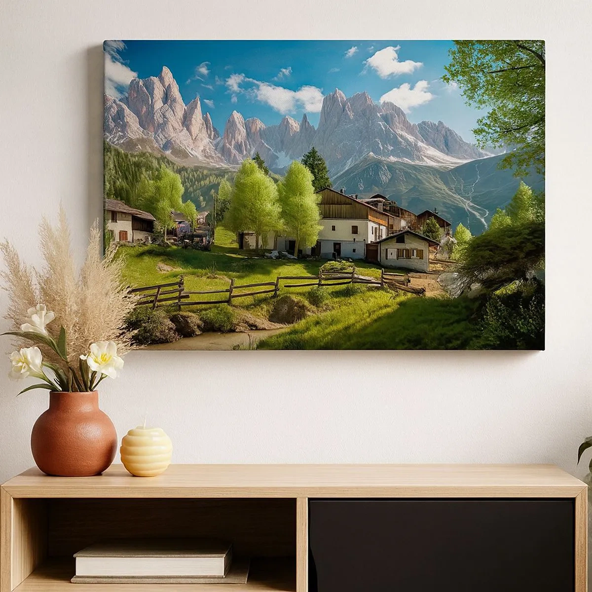 Schilderen op canvas - Een bergdorp met huizen en uitzicht op de Alpen - 70x50cm - Alpine idylle - Moderne wanddecoratie voor woonkamer en slaapkamer ARTTOR