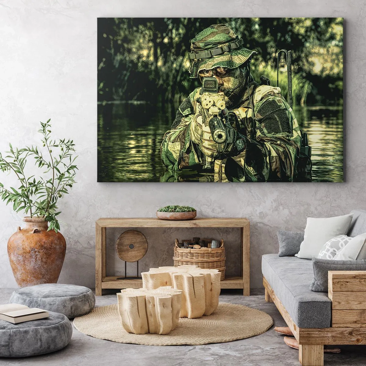 Schilderen op canvas - Een soldaat in camouflage richt zich door het water. - 70x50cm - Het beste van het beste - Moderne wanddecoratie voor woonkamer en slaapkamer ARTTOR