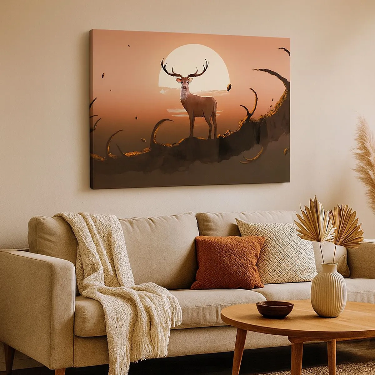 Schilderen op canvas - Een hert tegen de achtergrond van de ondergaande zon en een surrealistisch landschap - 70x50cm - Deze nacht is anders dan alle andere - Moderne wanddecoratie voor woonkamer en slaapkamer ARTTOR