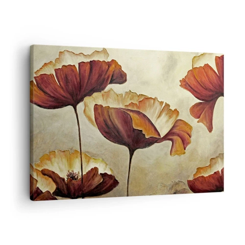 Schilderen op canvas - Subtiele bloemen in tinten rood en goud op een lichte achtergrond - 70x50cm - Golvend weiland - Moderne wanddecoratie voor woonkamer en slaapkamer ARTTOR