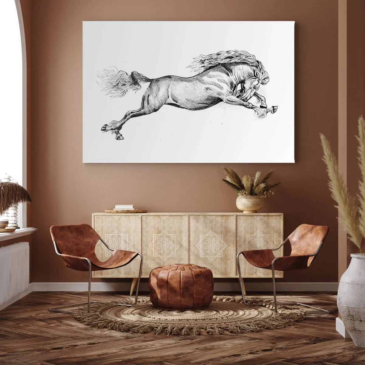 Schilderen op canvas - Schets van een paard in dynamische galop op een witte achtergrond - 70x50cm - Vastgehouden in galop - Moderne wanddecoratie voor woonkamer en slaapkamer ARTTOR