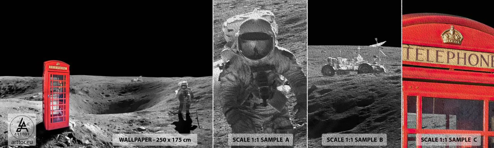 Fotobehang Monster Premium Sand - Een kosmische grap - Abstractie, Maan, Astronaut - 100x30 cm