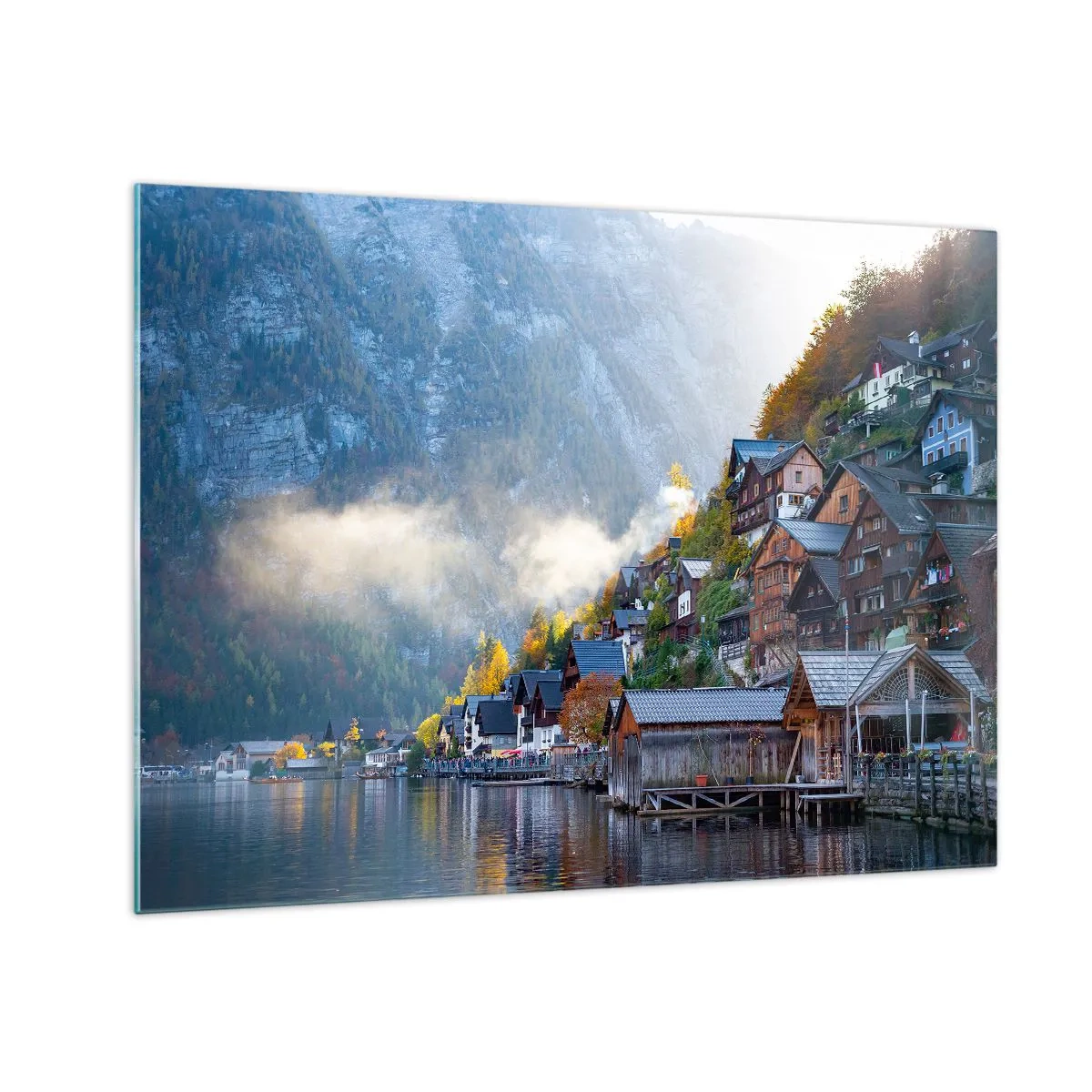 Schilderen op glas - Een herfstmorgen in een bergstadje aan een meer - 70x50cm - Alpine sfeer - Moderne wanddecoratie voor woonkamer en slaapkamer ARTTOR