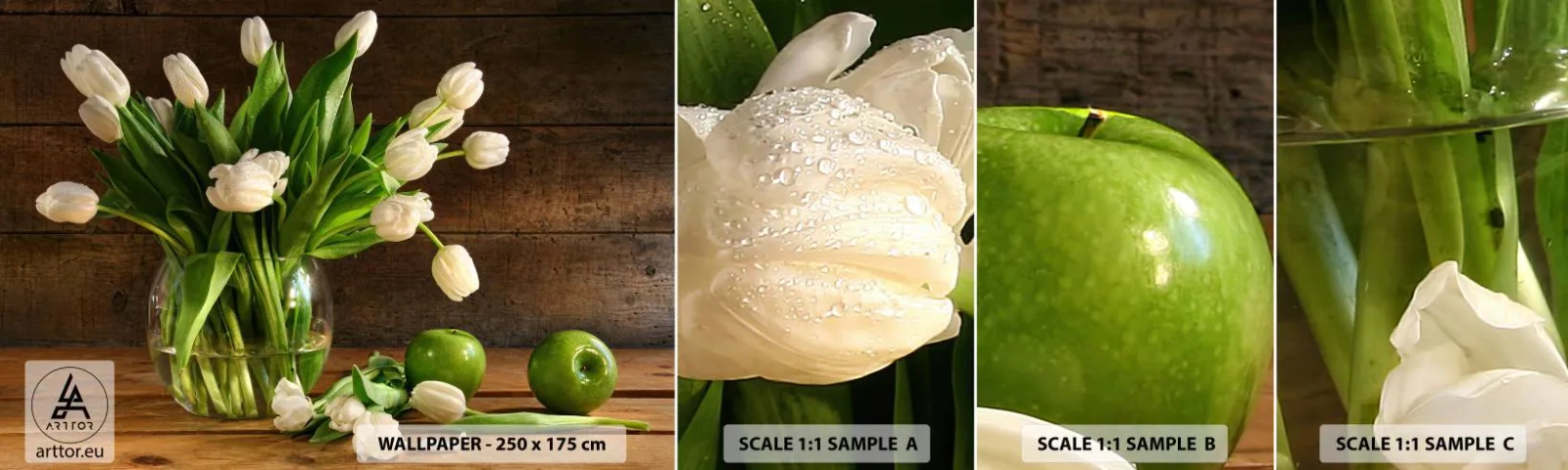 Fotobehang Monster Zelfklevend Deluxe Sticker - Sappig en fris in groen en wit - Bloemen, Tulpen, Boeket bloemen - 100x30 cm