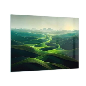 Schilderen op glas - Groene heuvels en valleien verlicht door de zonnestralen - 70x50cm - In de groene dalen - Moderne wanddecoratie voor woonkamer en slaapkamer ARTTOR
