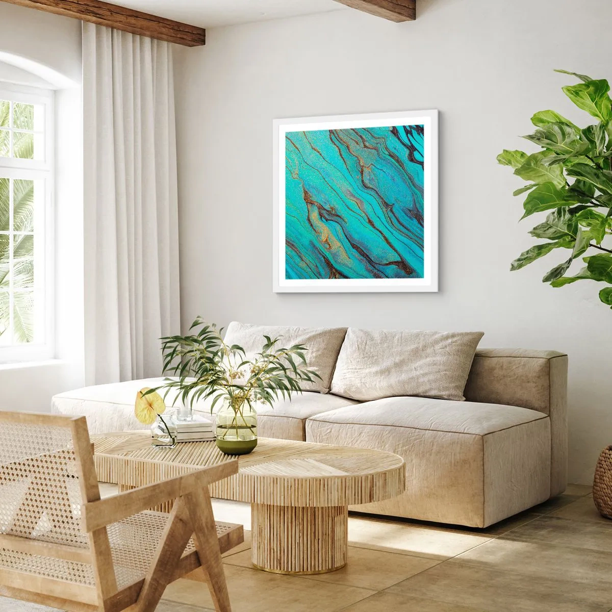Poster in een witte lijst - Turquoise vloed - 40x40 cm