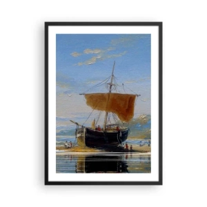Poster in een zwarte lijst - Een traditionele zeilboot aan de kust met zijn weerspiegeling in het water - 50x70cm - Water, bodem, lucht - Moderne wanddecoratie voor woonkamer en slaapkamer ARTTOR