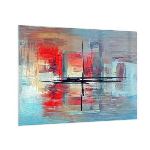 Schilderen op glas - Een kleurrijke abstractie met rood en blauw, geïnspireerd op een landschap. - 70x50cm - Een landschap in een onbekende dimensie - Moderne wanddecoratie voor woonkamer en slaapkamer ARTTOR