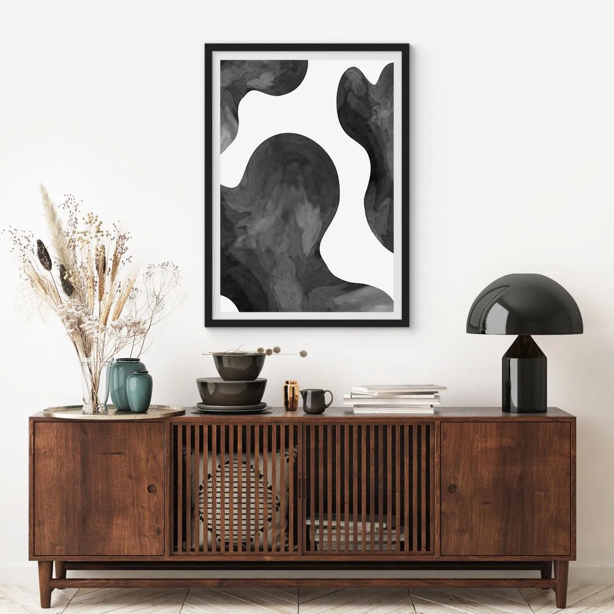 Poster in een zwarte lijst - Abstracte compositie in zwart-wit met organische vormen - 50x70cm - Melkweg - Moderne wanddecoratie voor woonkamer en slaapkamer ARTTOR