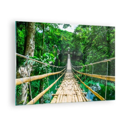 Schilderen op glas - Een hangende bamboebrug tussen tropisch groen over een rivier - 70x50cm - Apenbrug over de green - Moderne wanddecoratie voor woonkamer en slaapkamer ARTTOR