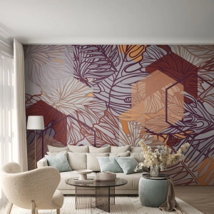 Fotobehang Premium Canvas - Onmogelijke relatie tussen geometrie en natuur - Abstractie, Grafisch, Bladeren - 450x315 cm
