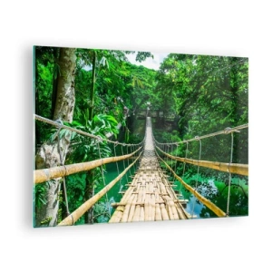 Schilderen op glas - Een hangende bamboebrug tussen tropisch groen over een rivier - 70x50cm - Apenbrug over de green - Moderne wanddecoratie voor woonkamer en slaapkamer ARTTOR