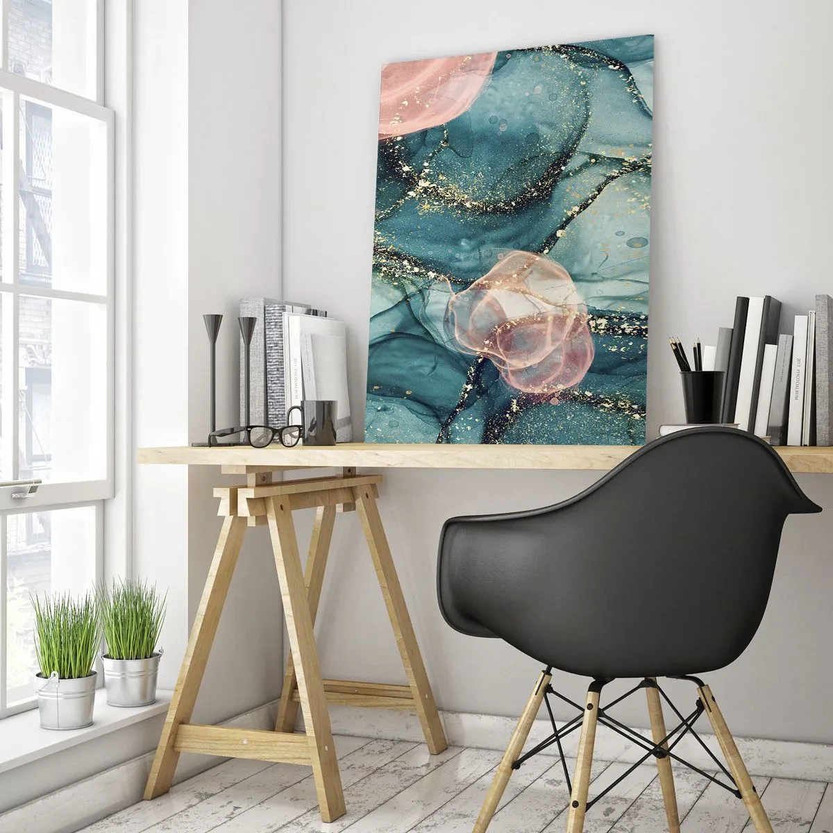 Schilderen op glas - Zijdeblauw, tule roze - 50x70 cm