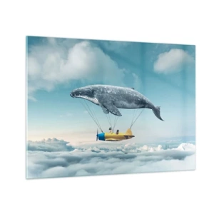 Schilderen op glas - Een walvis tilt een vliegtuig boven de wolken in een surrealistische omgeving. - 70x50cm - Waarom niet? - Moderne wanddecoratie voor woonkamer en slaapkamer ARTTOR