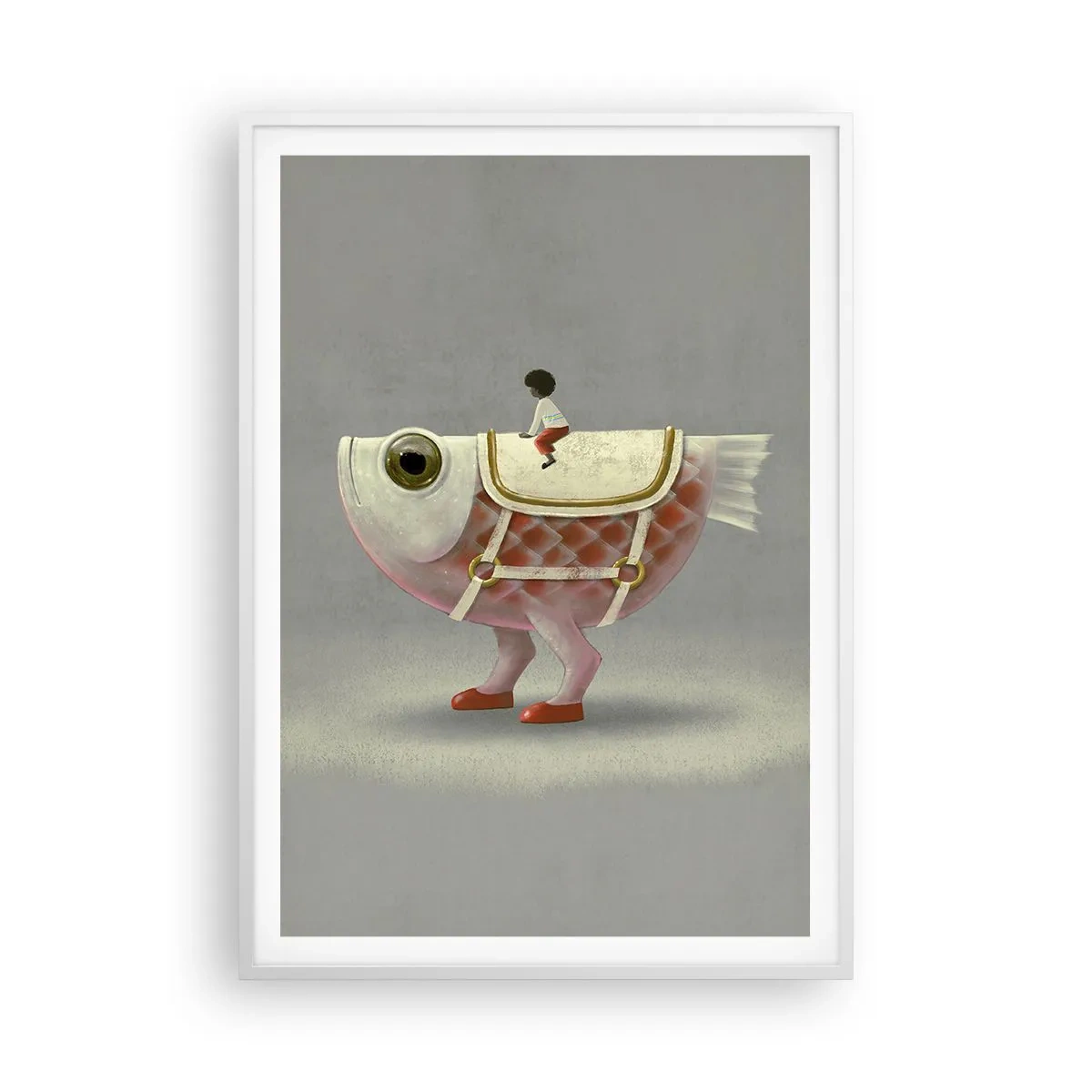Poster in een witte lijst - Ruiter op een surrealistische vis - 70x100 cm