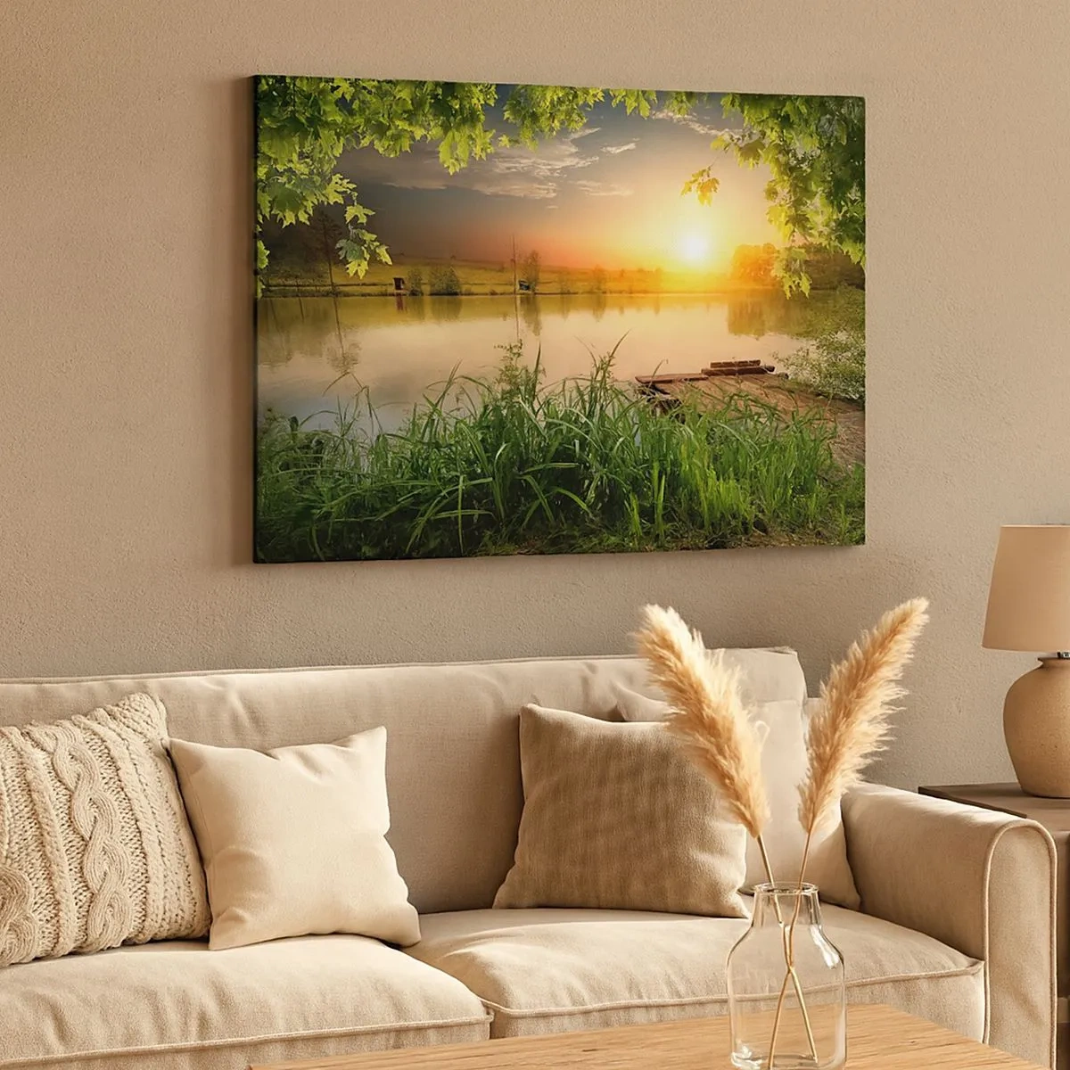 Schilderen op canvas - Groen landschap met een meer bij zonsondergang - 70x50cm - Landschap in een groen kader - Moderne wanddecoratie voor woonkamer en slaapkamer ARTTOR