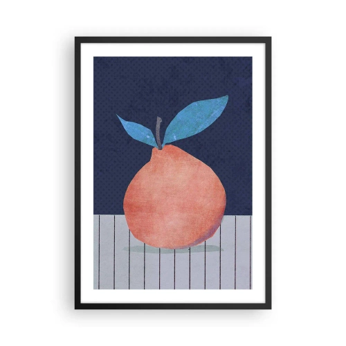 Poster in een zwarte lijst - Een minimalistische illustratie van een sinaasappel op een marineblauwe achtergrond - 50x70cm - Convexiteit en vlak - Moderne wanddecoratie voor woonkamer en slaapkamer ARTTOR