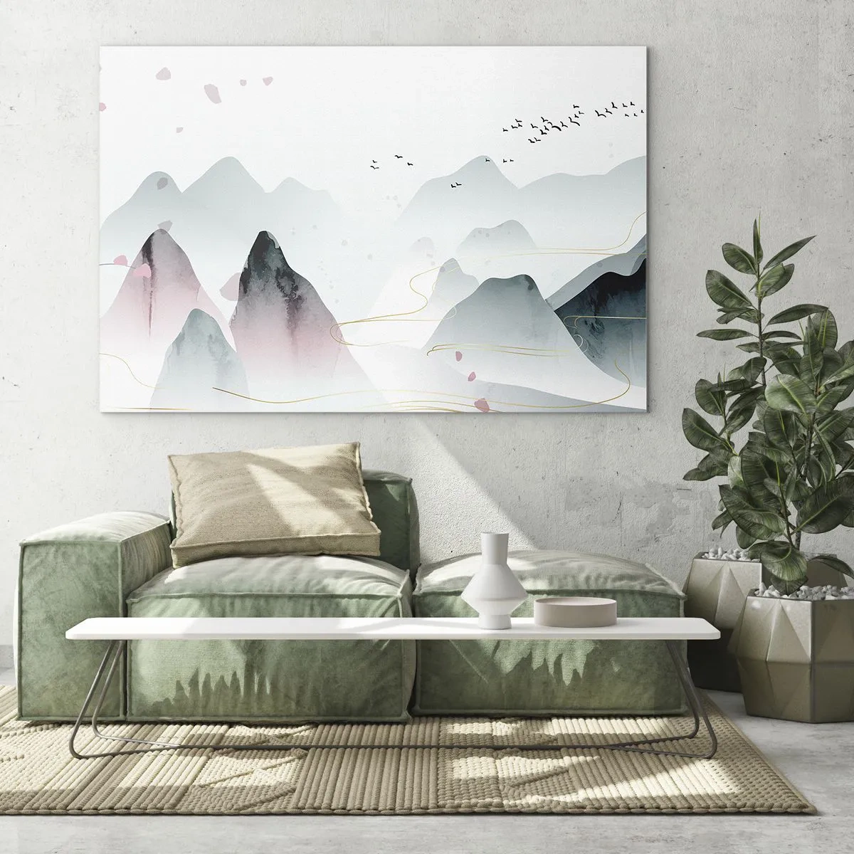 Schilderen op glas - Pastelkleurige bergen met een zwerm vliegende vogels en gouden lijnen - 70x50cm - Over de toppen - Moderne wanddecoratie voor woonkamer en slaapkamer ARTTOR