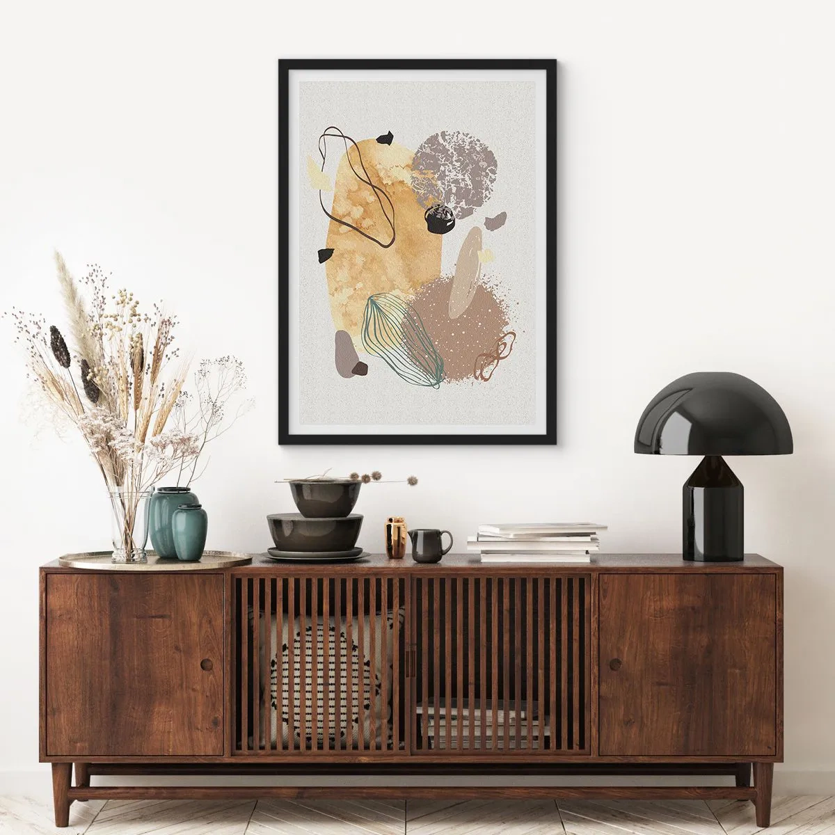 Poster in een zwarte lijst - Abstracte compositie in natuurlijke tinten - 50x70cm - Toegepaste plumcologie - Moderne wanddecoratie voor woonkamer en slaapkamer ARTTOR